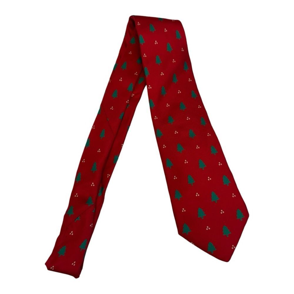 Lillian Vernon Mens Silk Necktie Red Christmas Tree Holiday Festive Silk Tie